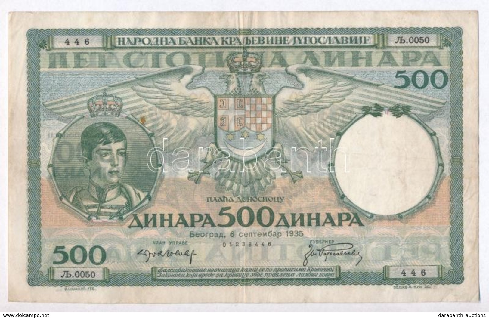 Jugoszlávia 1935. 500D T:III
Yugoslavia 1935. 500 Dinara C:F - Non Classificati