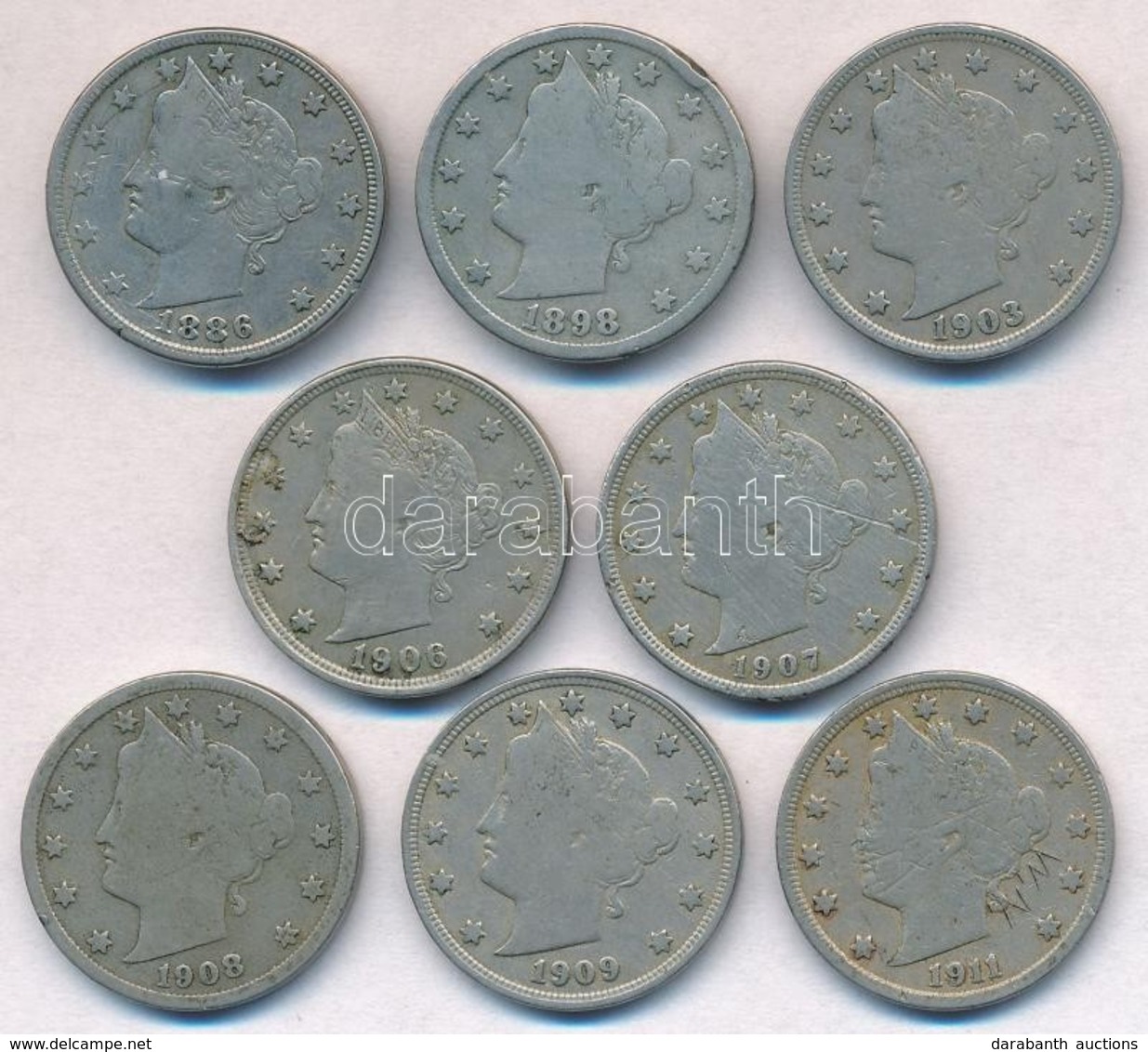 Amerikai Egyesült Államok 1886-1909. 5c Cu-Ni 'Liberty Nickel' (8x) T:2-,3 Ph., Karc
USA 1886-1909.. 5 Cents Cu-Ni 'Libe - Ohne Zuordnung