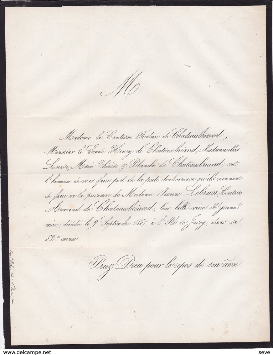 Ile De JERSEY Jeanne LEBRUN Comtesse Armand De CHATEAUBRIAND 82 Ans 1857 Lettre Faire-part Mortuaire - Décès