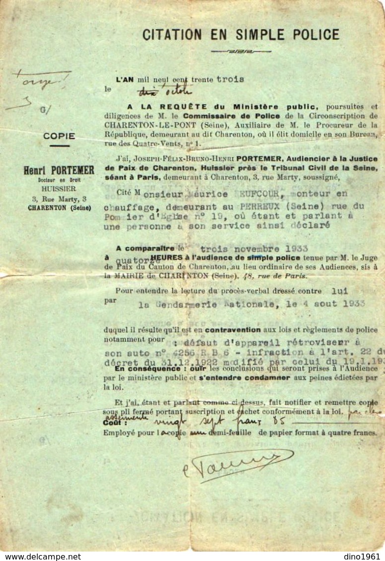 VP11.874 - 1933 - CHARENTON - LE - PONT - Citation En Simple Police - Mr M. NEUFCOUR Au PERREUX - Police