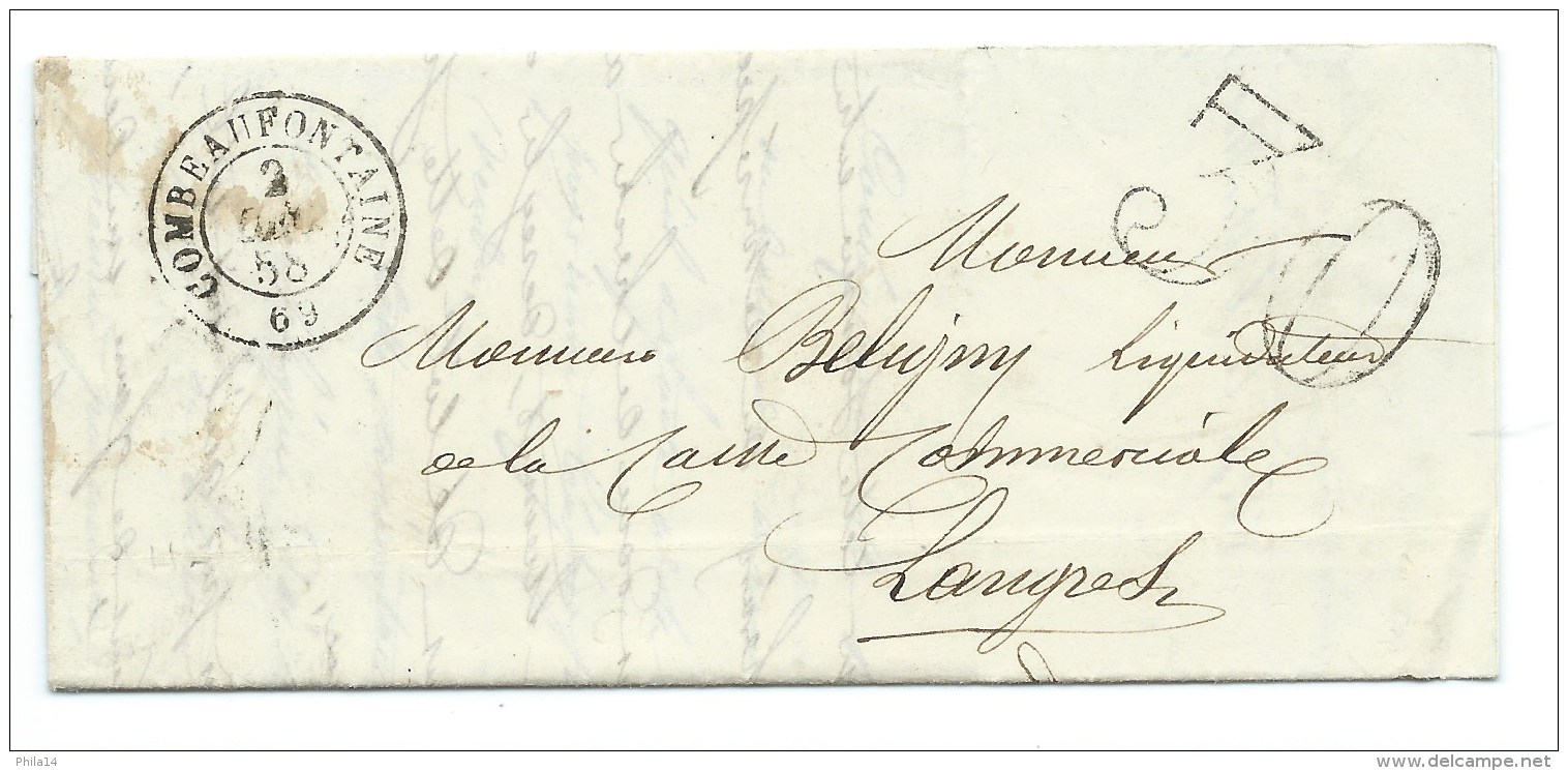 MP COMBEAUFONTAINE HAUTE SAONE  /  POUR LANGRES / 1858 / TAXE 30 DOUBLE TRAIT - 1849-1876: Période Classique