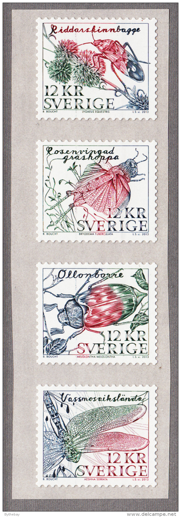 Sweden 2013 MNH Strip Of 4 12k Insects Beetles, Grashopper, Dragonfly - Nuovi