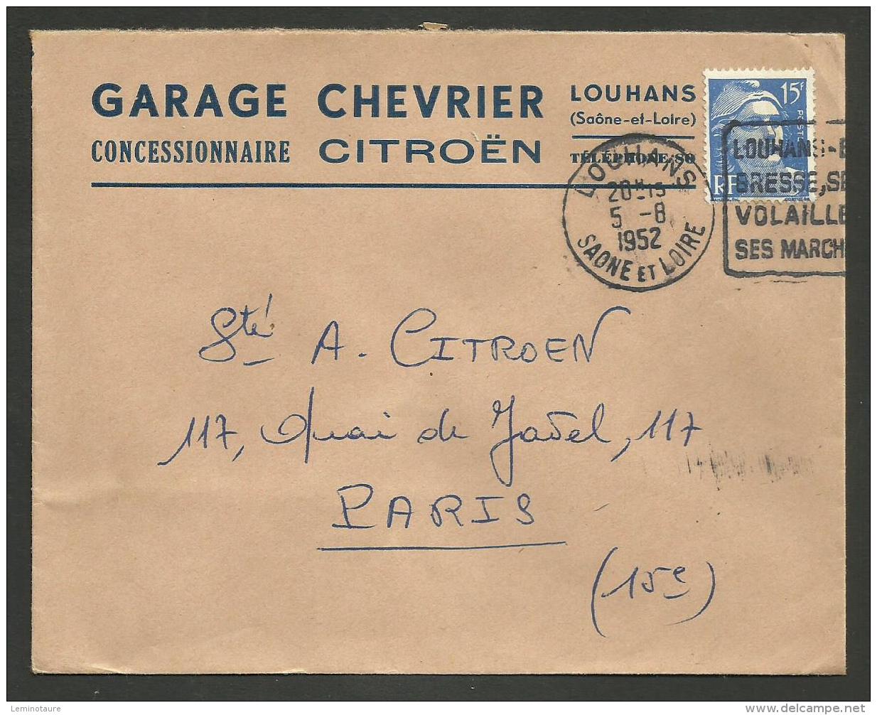 SAONE ET LOIRE / Concession CITROEN - Garage CHEVRIER à LOUHANS / Enveloppe Daguin 1952 - 1921-1960: Modern Period