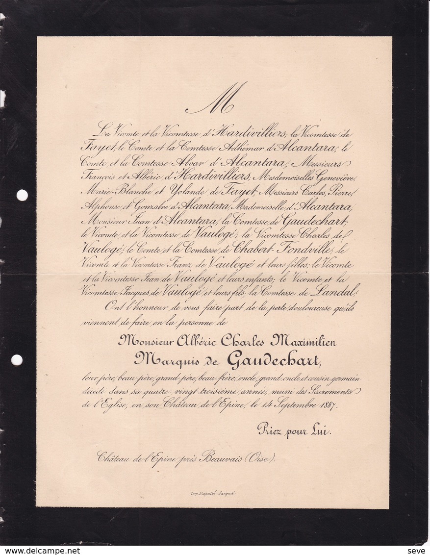 BEAUVAIS OISE Château De L'Epine Albéric Marquis De GAUDECHART 23 Ans 1887 Famille D'ALCANTARA De HARDIVILLIERS - Décès