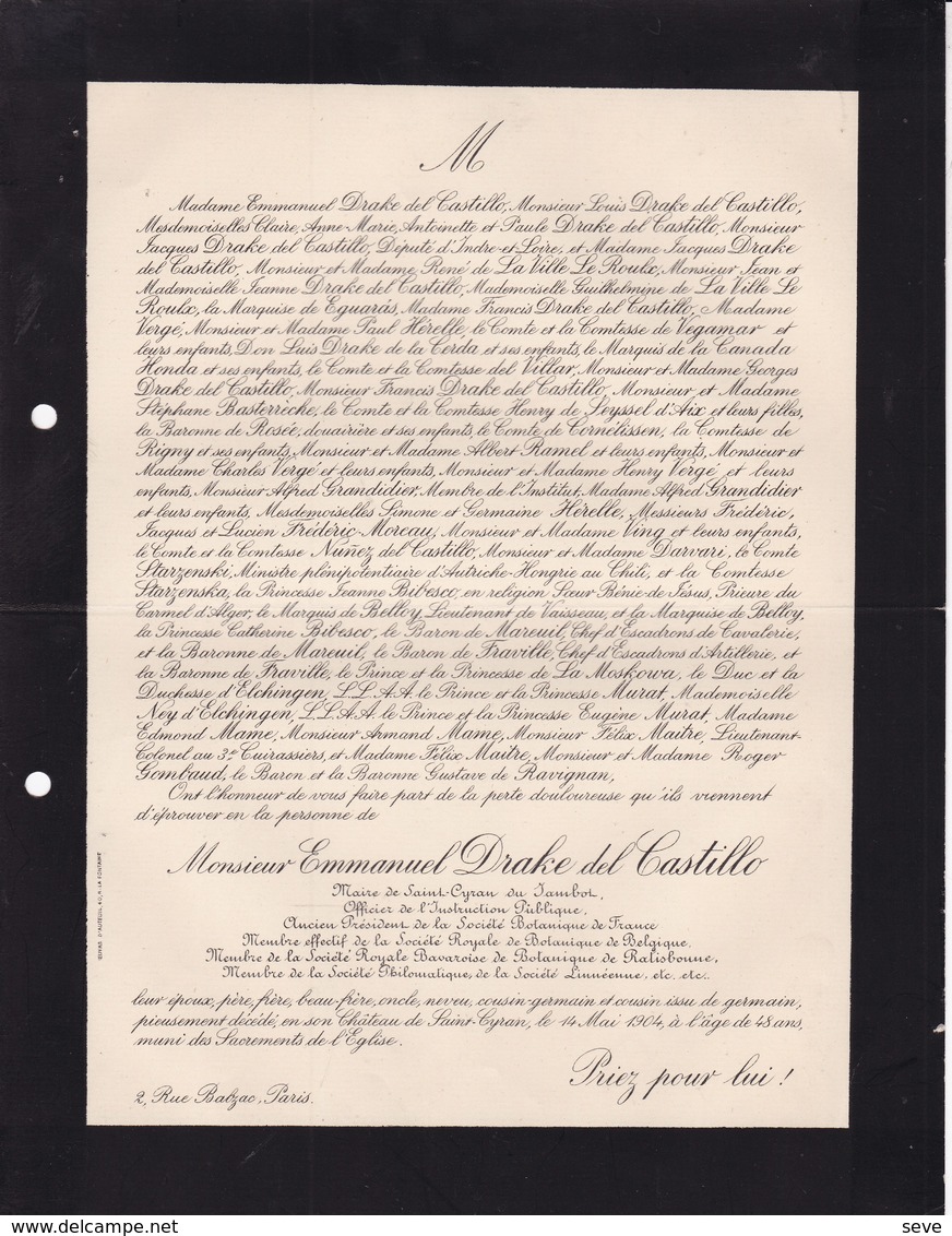 Château De Saint-Cyran Du JAMBOT Maire Emmanuel DRAKE Del CASTILLO Botaniste 48 Ans 1904 - Décès