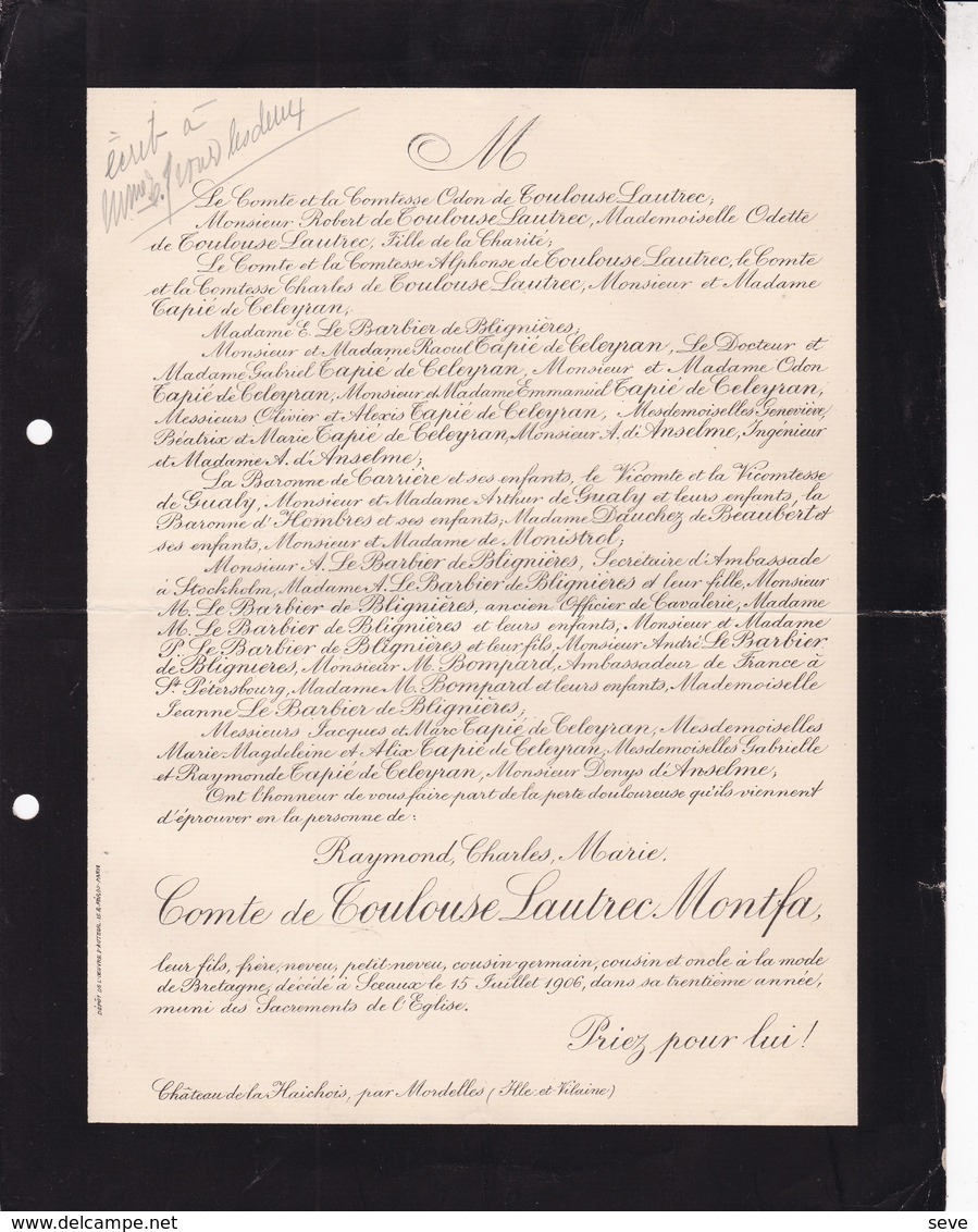 SCEAUX Château De La HAICHOIS Par MORDELLES Raymond Comte De TOULOUSE LAUTREC MONTFA 30 Ans 1906 - Décès