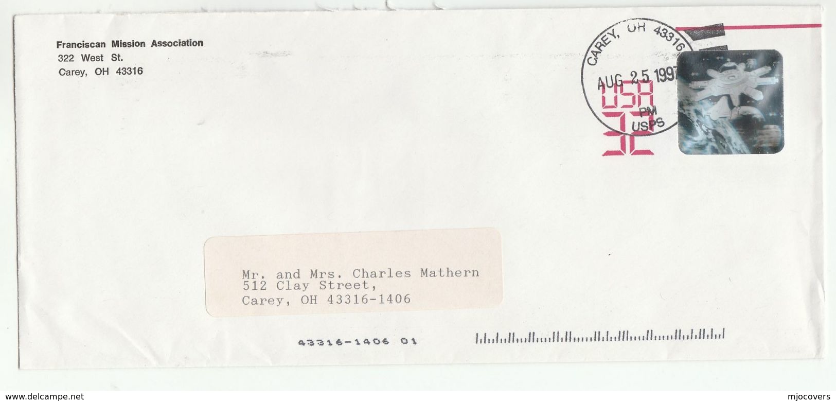 1997 SPACE HOLOGRAMME USa Postal STATIONERY Cover Franciscan Mission Association Hologram Stamps - Hologrammes