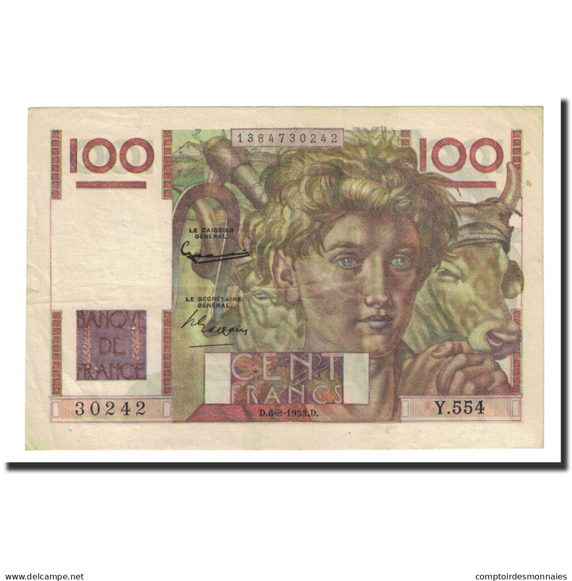 France, 100 Francs, 1953-08-06, TTB, Fayette:28bis.2, KM:128e - 100 F 1945-1954 ''Jeune Paysan''