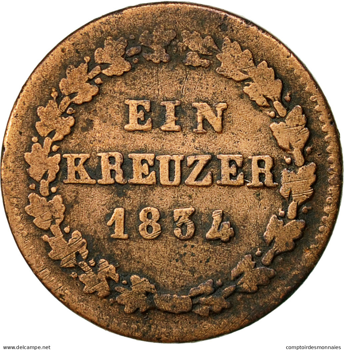 Etats Allemands, NASSAU, Wilhelm, Kreuzer, 1834, Wiesbaden, TTB, Cuivre, KM:51 - Taler Et Doppeltaler