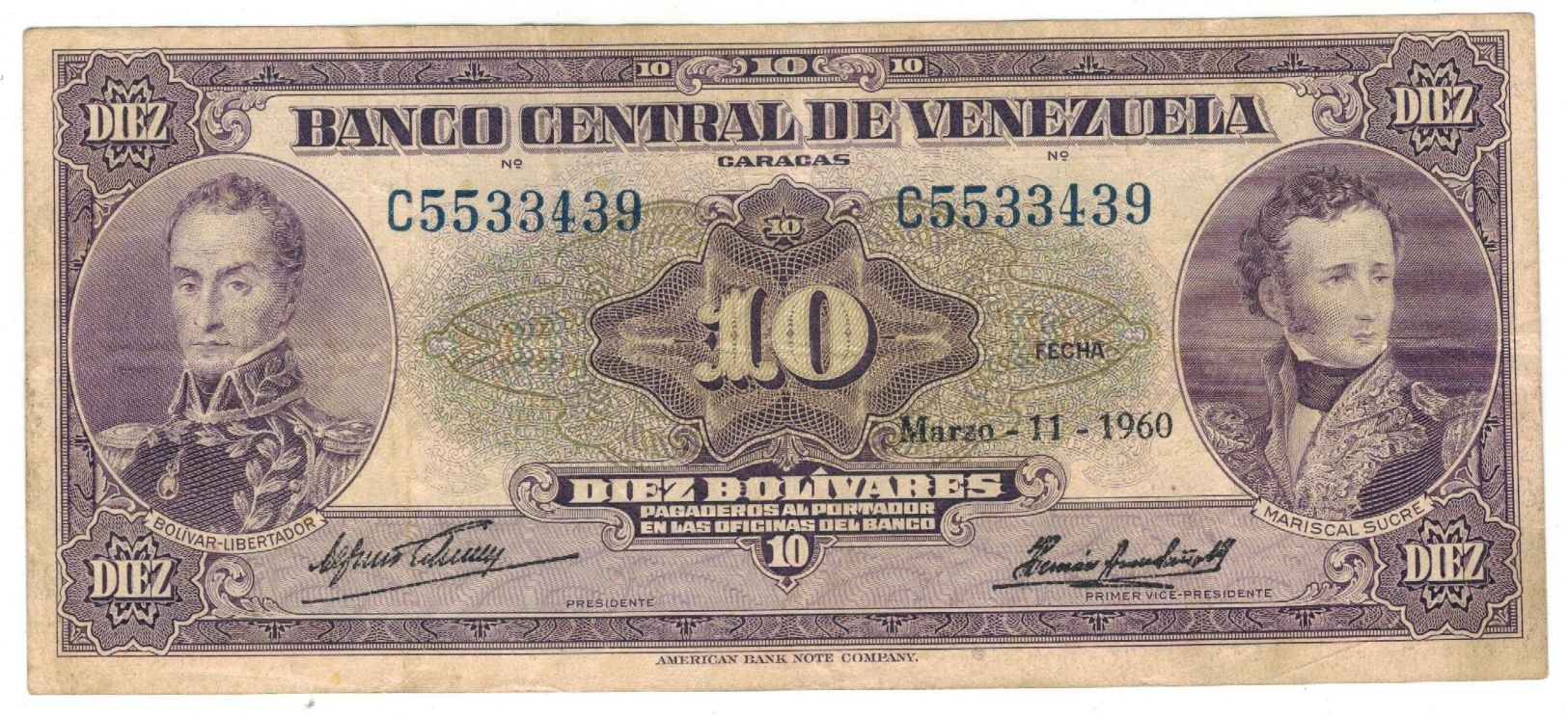 Venezuela 10 Bolivares, 1960, Great VF. Rare. - Venezuela