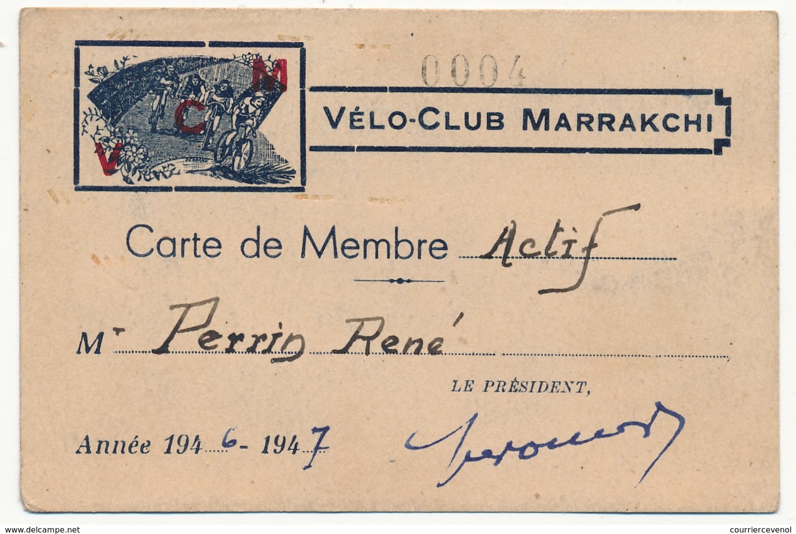 MARRAKECH (MAROC) - Carte De Membre Actif - Vélo Club Marrakchi - 1947 - Wielrennen