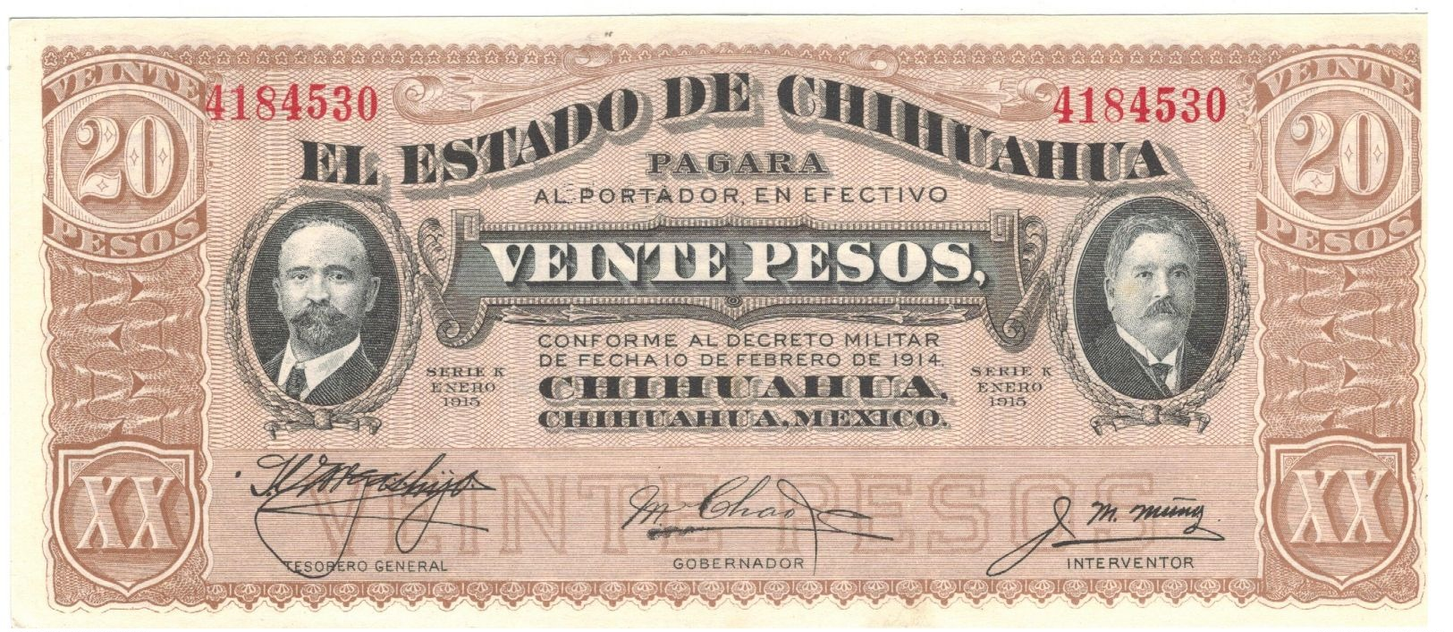 Mexico , Estado De Chihuahua, 20 Pesos 1915, AUNC. - Mexico