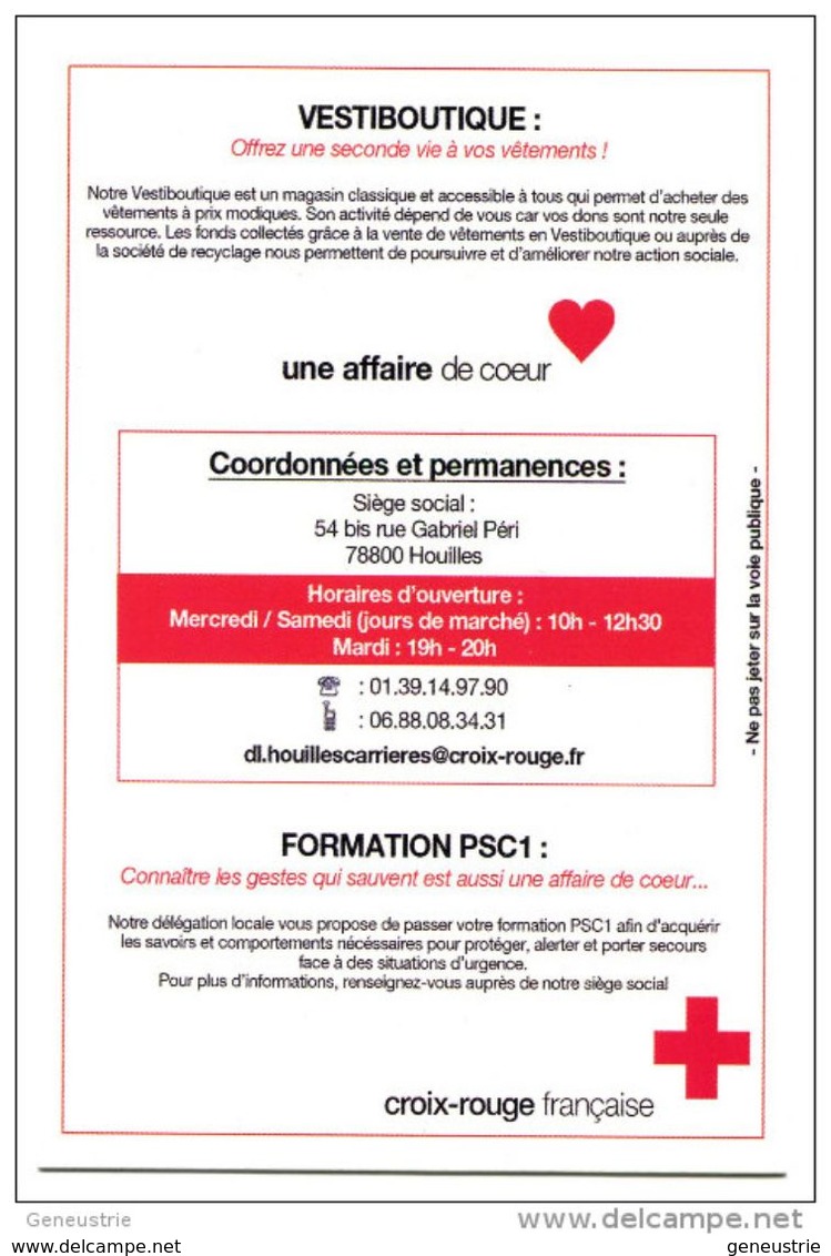 Carte "Croix Rouge Française" Vestiboutique De Houilles 78 Yvelines - French Red Cross - Cartes De Visite