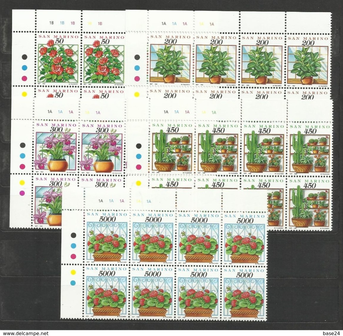 1992 San Marino Saint Marin FIORI E PIANTE FLOWERS PLANTS 8 Serie Di 5v. MNH** Blocco - Nuovi