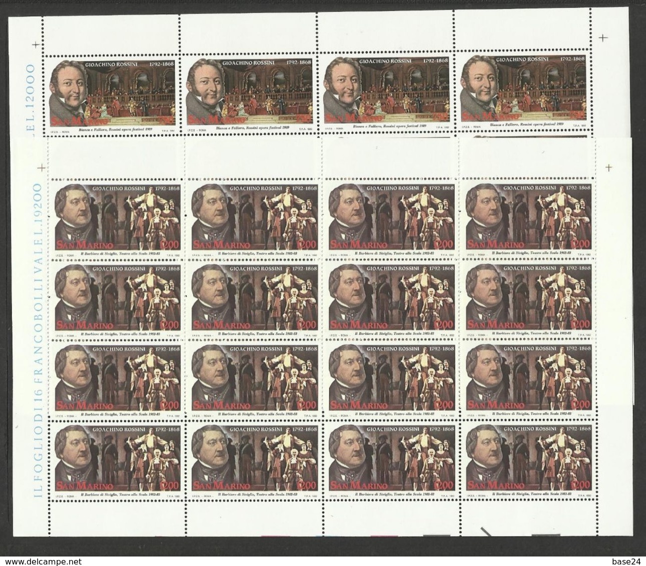 1992 San Marino Saint Marin GIACOMO ROSSINI 16 Serie Di 2v. MNH** In Foglio Sheets - Musica