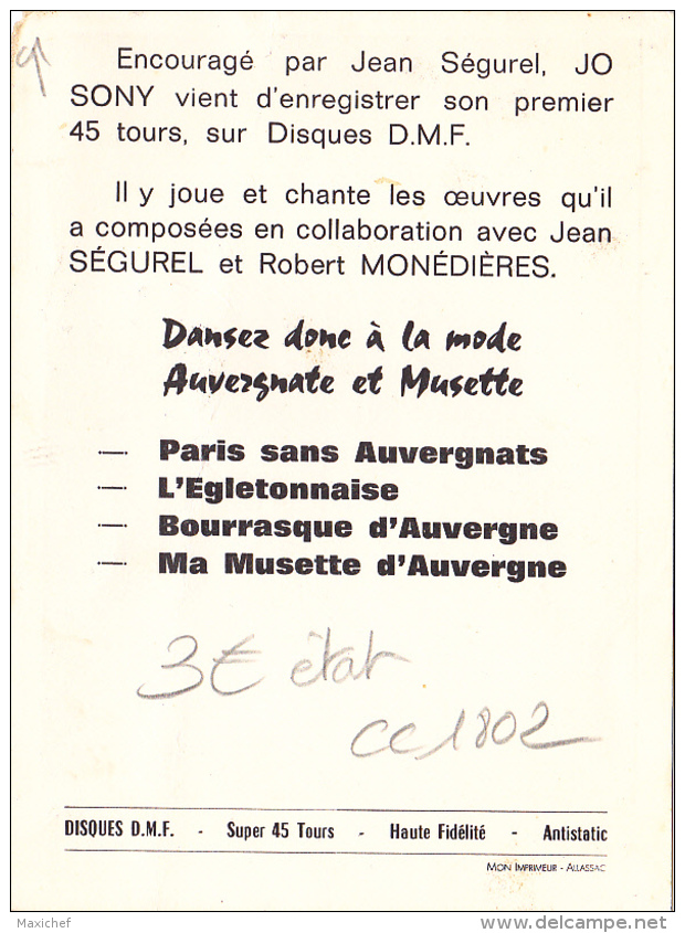 Carton Publicitaire (100 X 135 Mm) Disques D.M.F. Premier 45 Tours De Jo Sonny Avec Jean Ségurel &amp; Robert Monédières - Autres & Non Classés