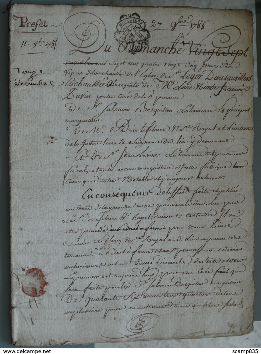 Généralité D'Amiens 27 11 1785 , Préfet , 5 Cachets 2 Sols 4 Deniers  . TTB . Très Beau Document. - Gebührenstempel, Impoststempel