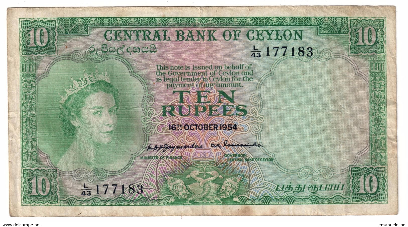 Ceylon 10 Rupees 16/10/1954 .J. - Sri Lanka