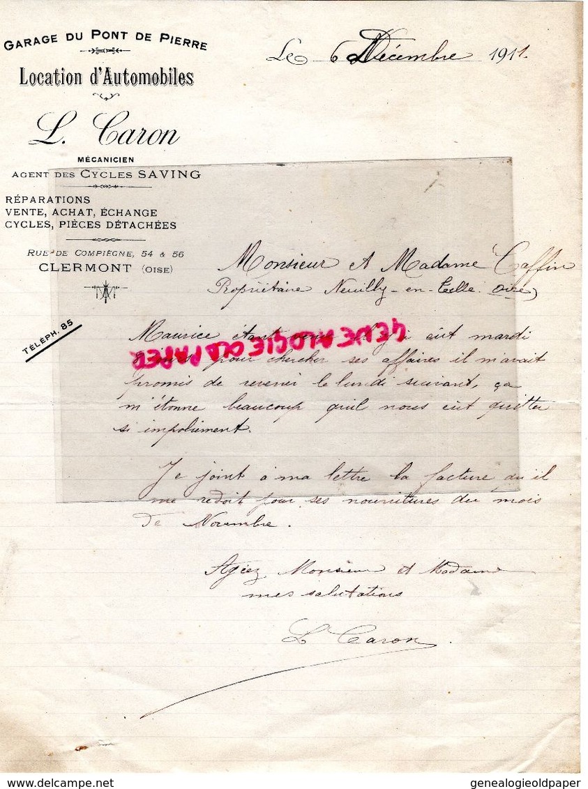 60- CLERMONT- RARE LETTRE MANUSCRITE SIGNEE L. CARON- GARAGE DU PONT DE PIERRE-LOCATION AUTOMOBILES-CYCLE SAVING-1911 - Cars