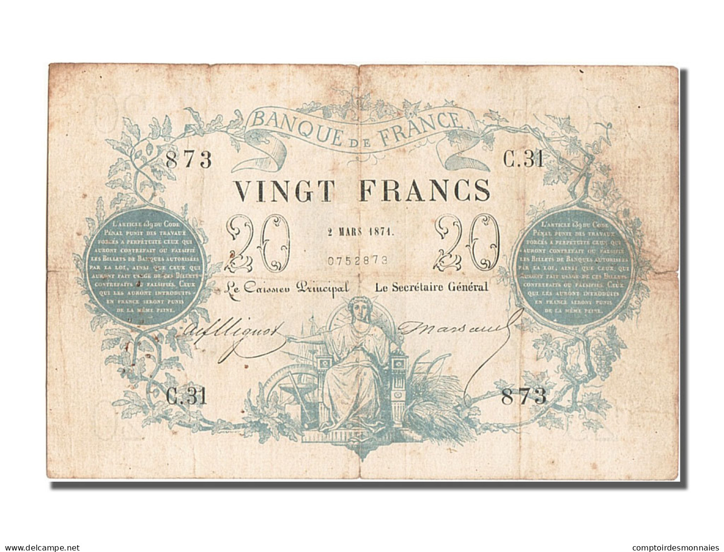 France, 20 Francs, ...-1889 Circulated During XIXth, 1871, 1871-03-02, TB - ...-1889 Anciens Francs Circulés Au XIXème