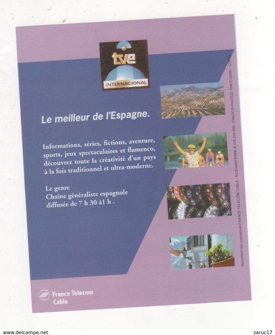 Fiche Publicité FRANCE TELECOM CABLE CHAINE ESPAGNOLE TVE - Publicités