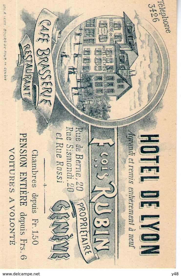 Carte De Visite  Pour L'hotel De Lyon(propriétaire Francois Rubin A Genéve) - Cartes De Visite