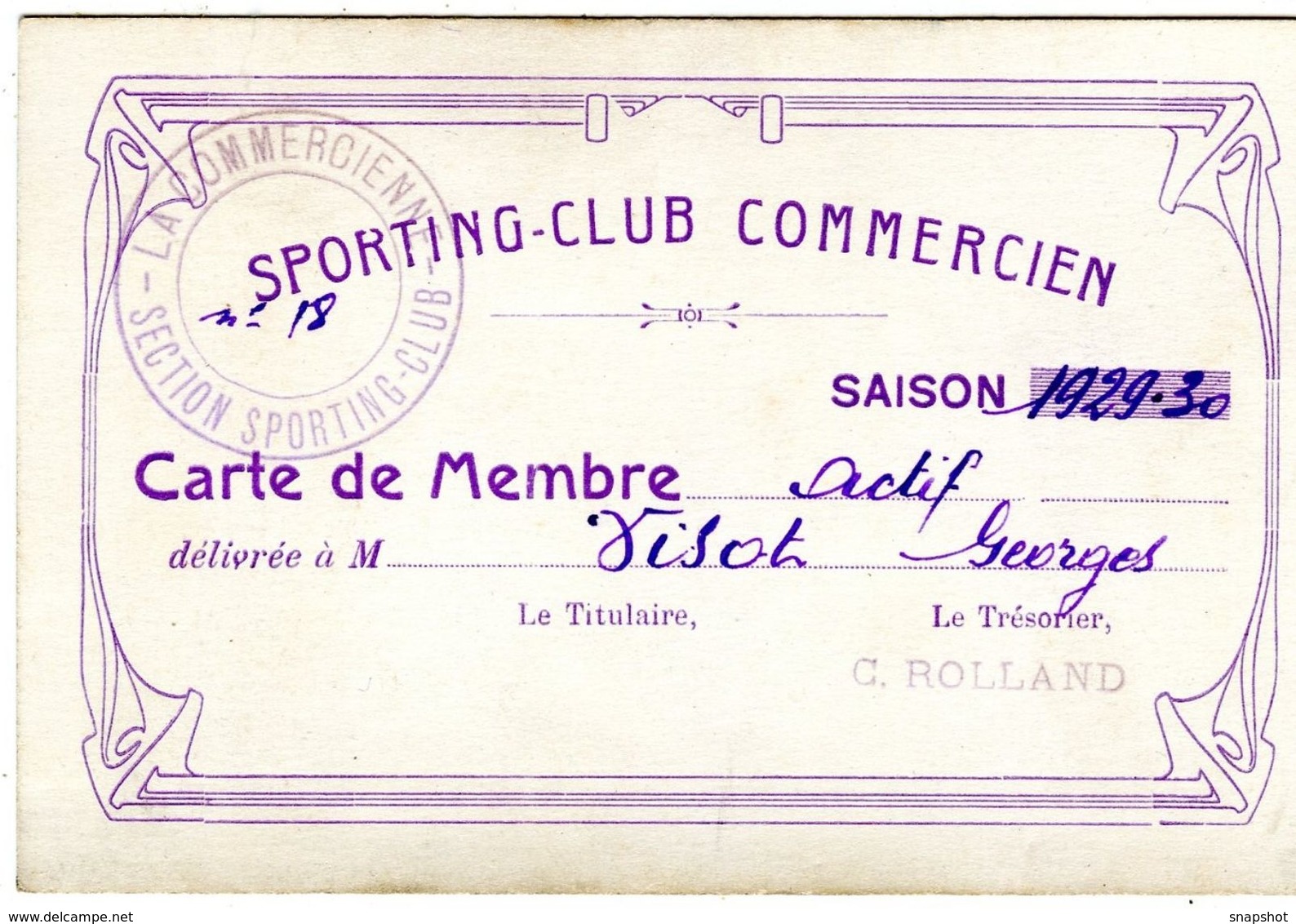 Carte De Membre Sporting Club Commercien Football Commercy 1929 - Autres & Non Classés