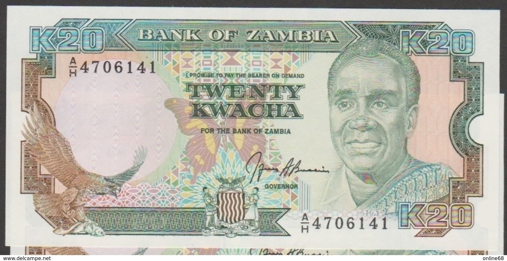 ZAMBIA 20 Kwacha ND (1989-1991)  SERIAL# AH  P# 32b   UNC - Zambie