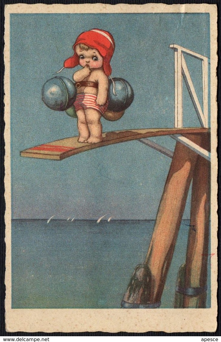 DIVING - ITALIA 1933 - CARTOLINA VIAGGIATA - BAMBINA SUL TRAMPOLINO - FRANCOBOLLO AFFRANCATURA MANCANTE - Tuffi