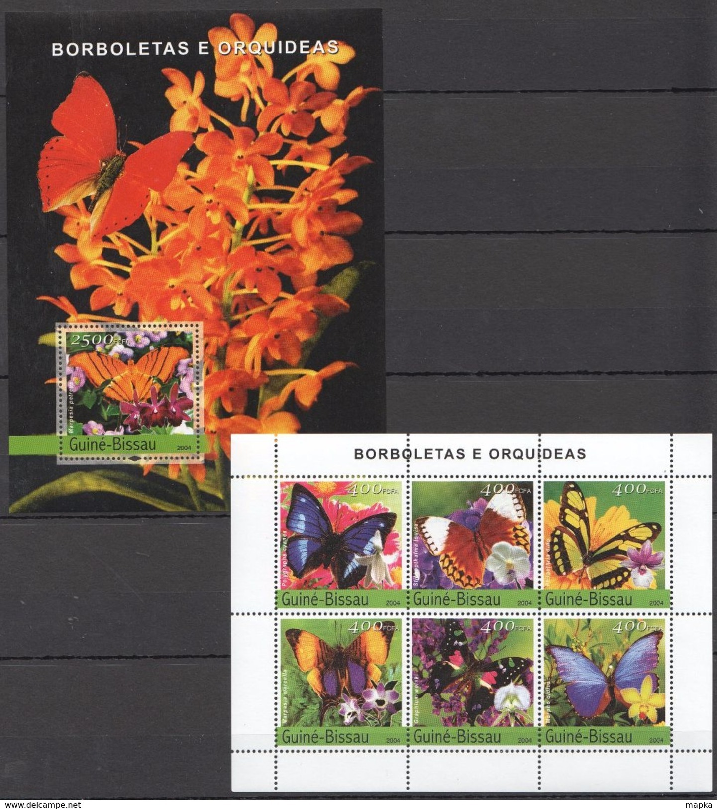 D301 2004 GUINE-BISSAU FLORA & FAUNA BUTTERFLIES BORBOLETAS ORQUIDEAS 1BL+1KB MNH - Butterflies