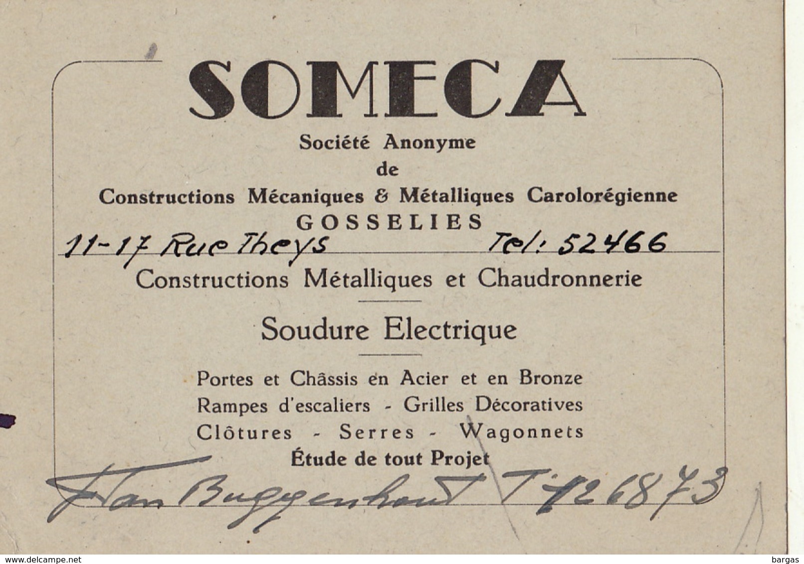 Carte SOMECA Constructions Mécaniques Carolorégienne à Gosselies Van Buggenhout - Publicités