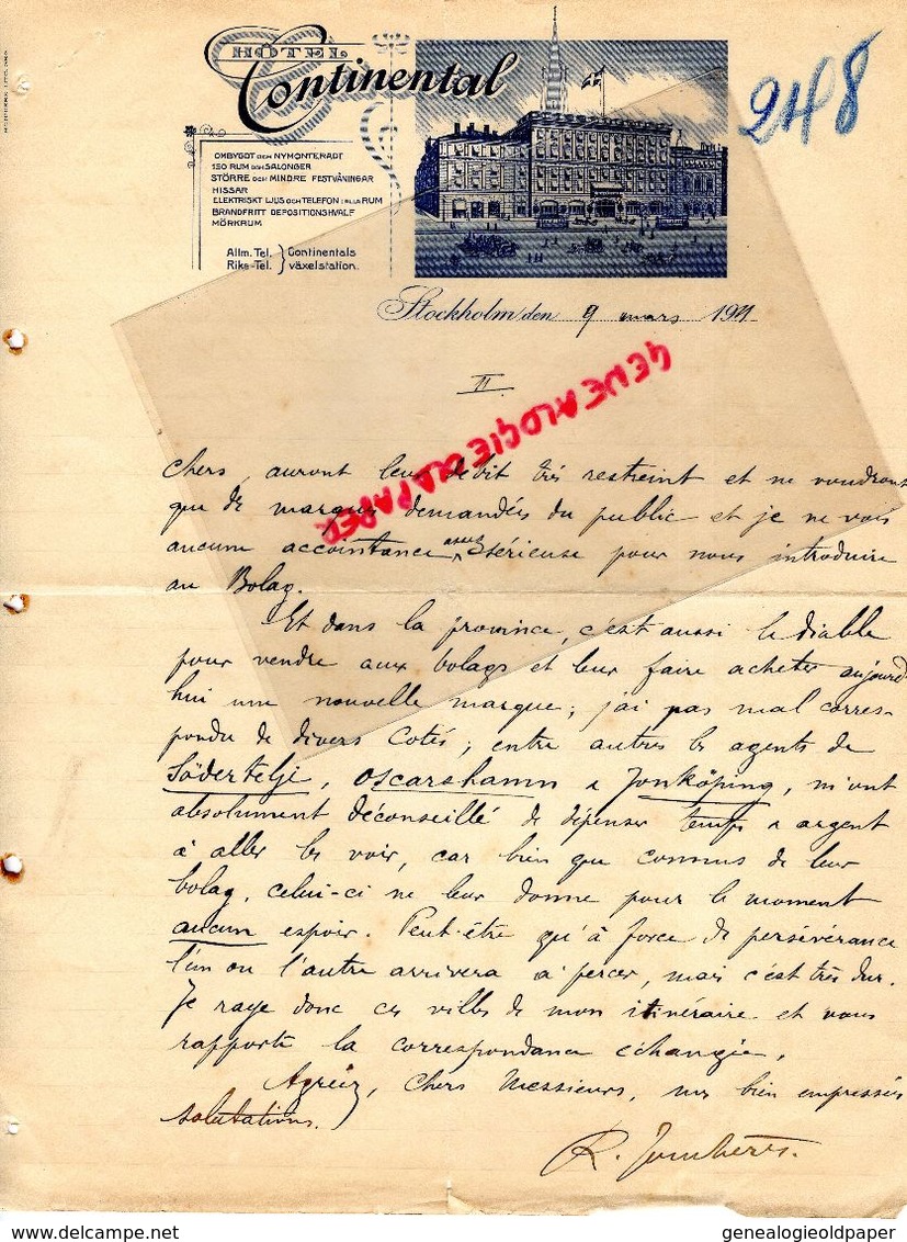 SUEDE-SWEDEN- STOCKHOLM- RARE LETTRE MANUSCRITE HOTEL CONTINENTAL- 1911 - Autres & Non Classés