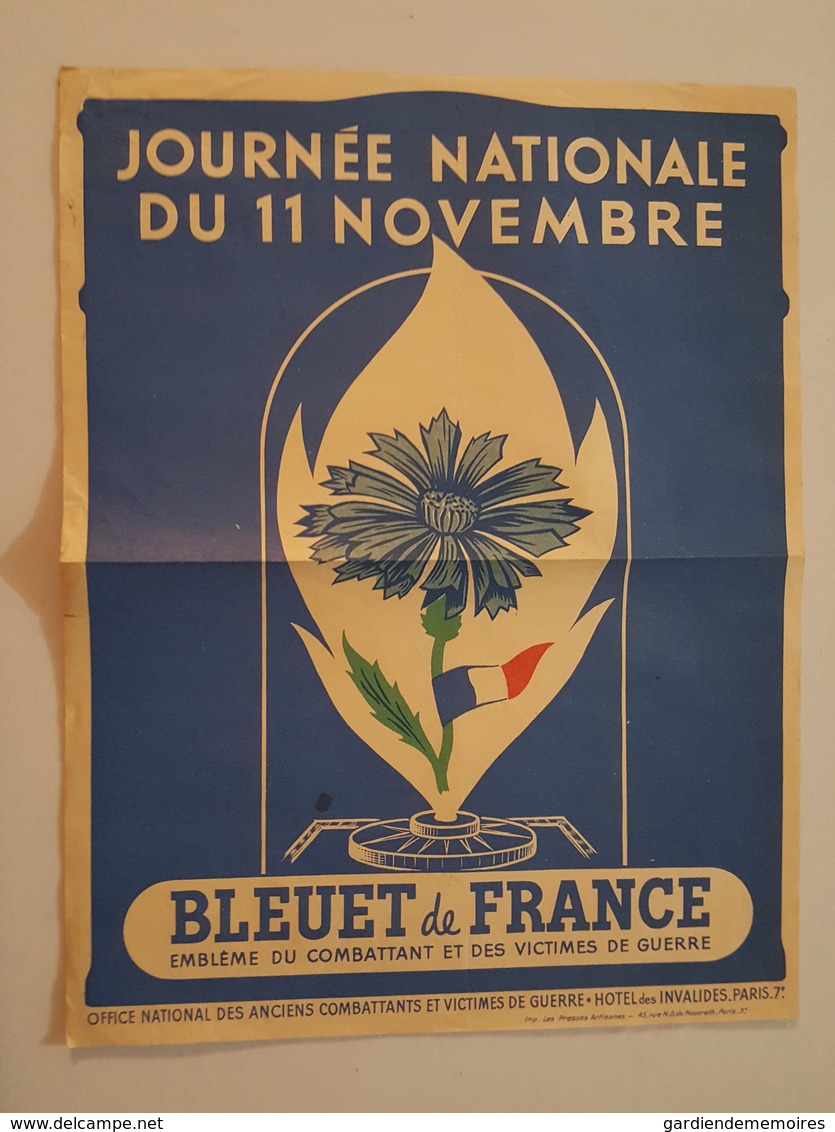 Affichette - Journée Nationale Du 11 Novembre - Bleuet De France Emblème Du Combattant Et Des Victimes De Guerre - Autres & Non Classés