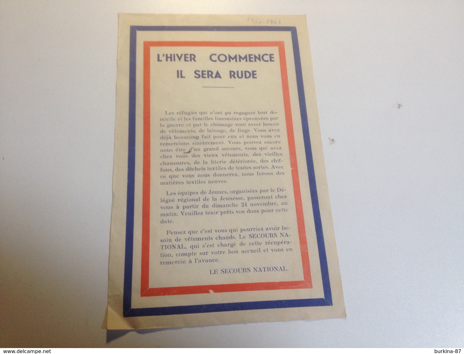 Le Secours National, 1940/ 1941,  Collecte De Vêtements Chauds, Document - Historical Documents