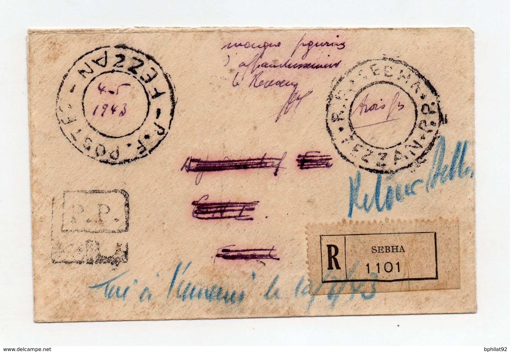 !!! PRIX FIXE : FEZZAN, LETTRE DE SEBHA DU 4/5/1943 AFFRANCHIE EN NUMERAIRE - RR, COTE 3250 € - Storia Postale