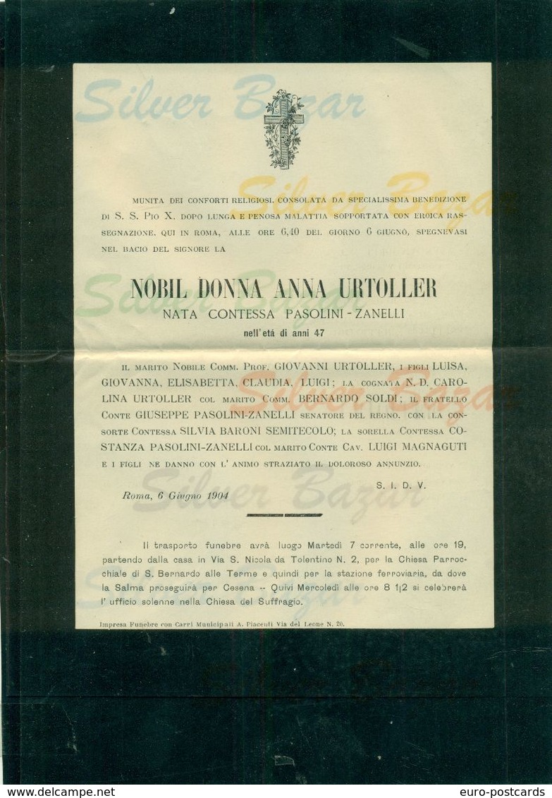 ROMA- NOBIL DONNA ANNA URTOLLER NATA CONTESSA PASOLINI ZANELLI- 1904 -  AFFRANCATA COL 2 CENT. - Avvisi Di Necrologio