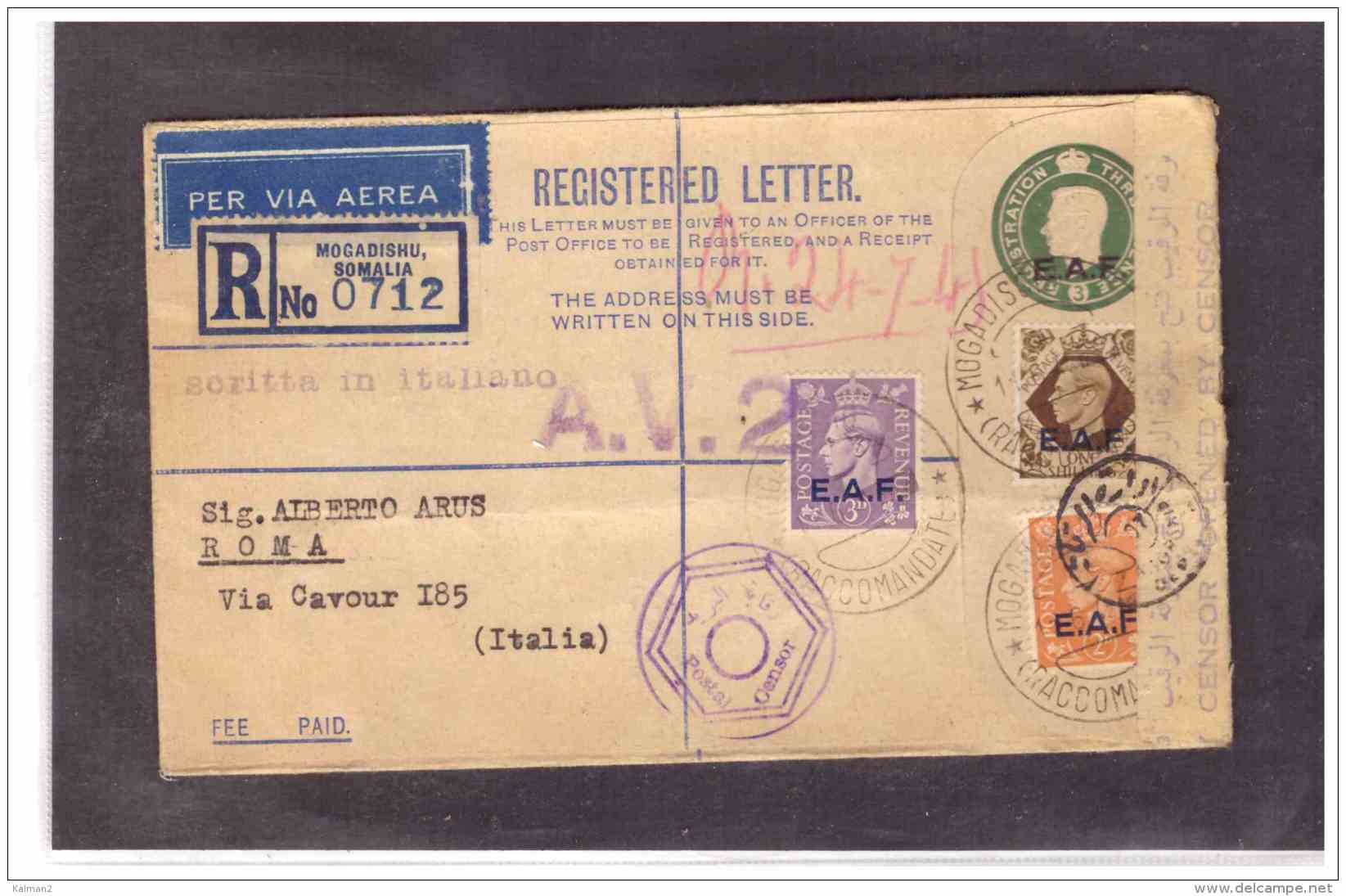 TEM5364  -  MOGADISCIO  11.6.1945   /   REGISTERED  ENTIRE COVER TO ROME(ITALY) WITH CENSOR CANCELLATIONS - Somaliland (Protectorate ...-1959)