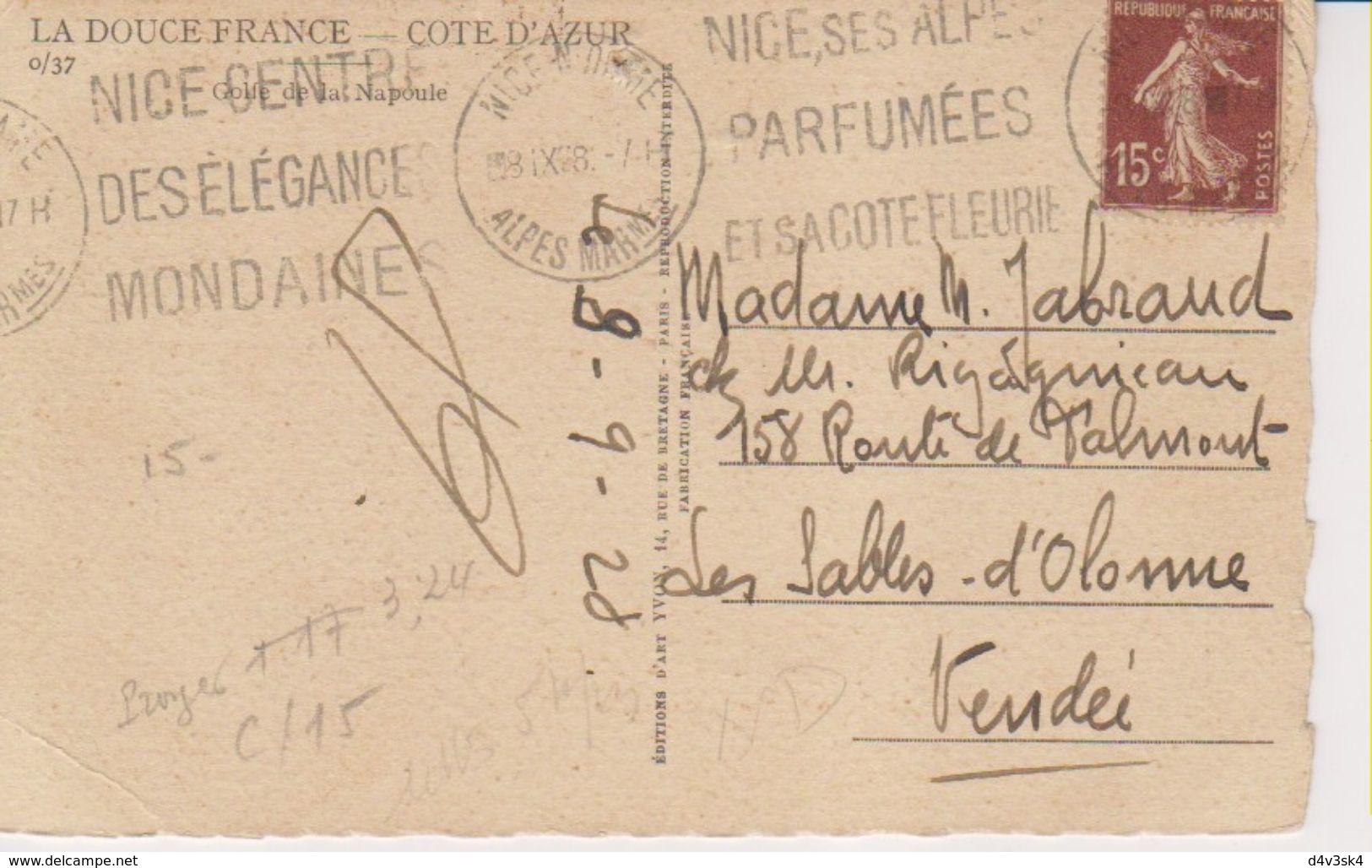 1928 France 06 Alpes Maritimes Nice N.Dame Carte Postale Flamme 'Nice Centre Des Elegances Mondaines' - Mechanical Postmarks (Advertisement)