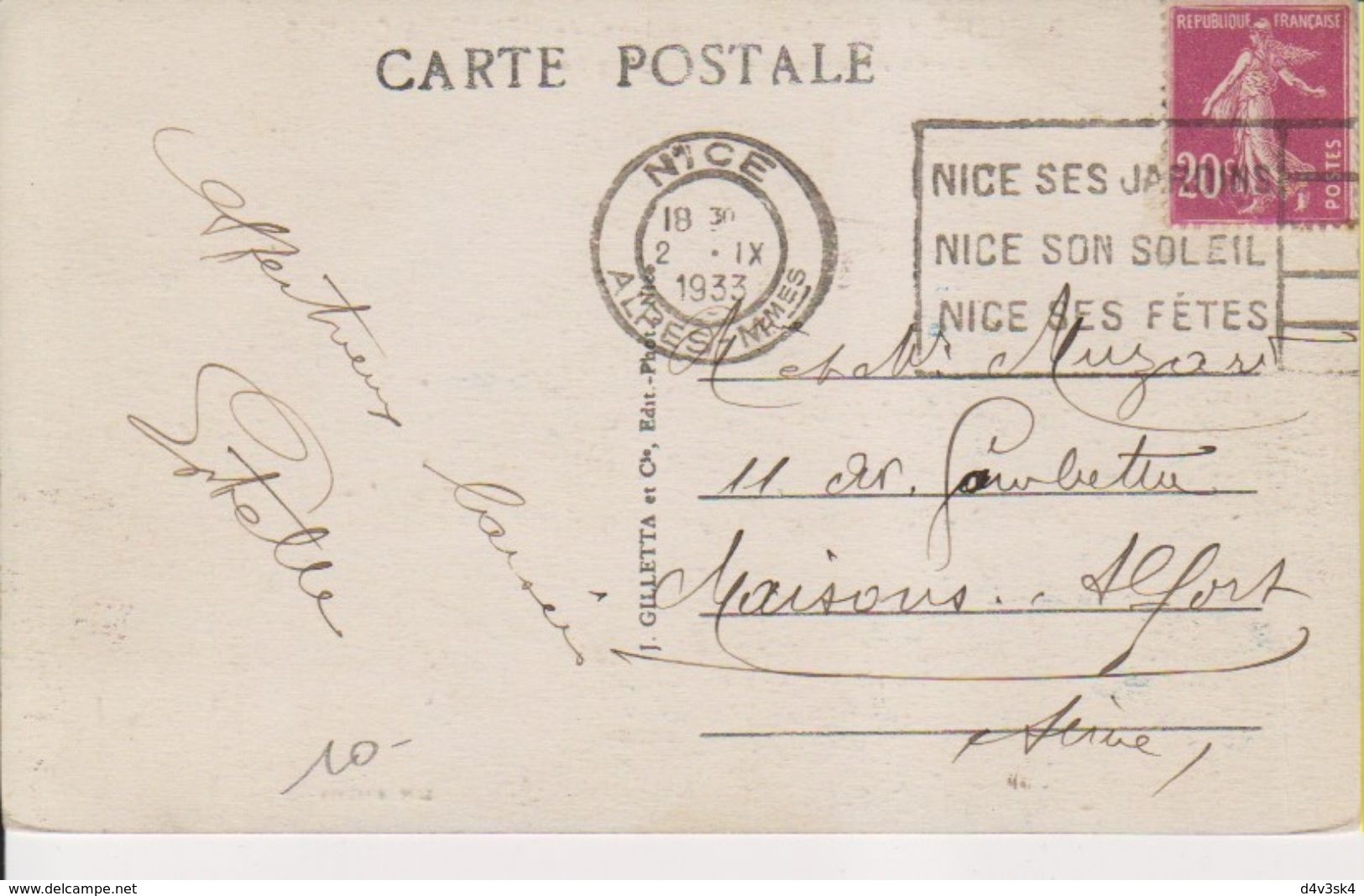 1933 France 06 Alpes Maritimes Nice Carte Postale Flamme 'Nice Ses Jardins, Son Soleil, Ses Fetes' - Mechanical Postmarks (Advertisement)