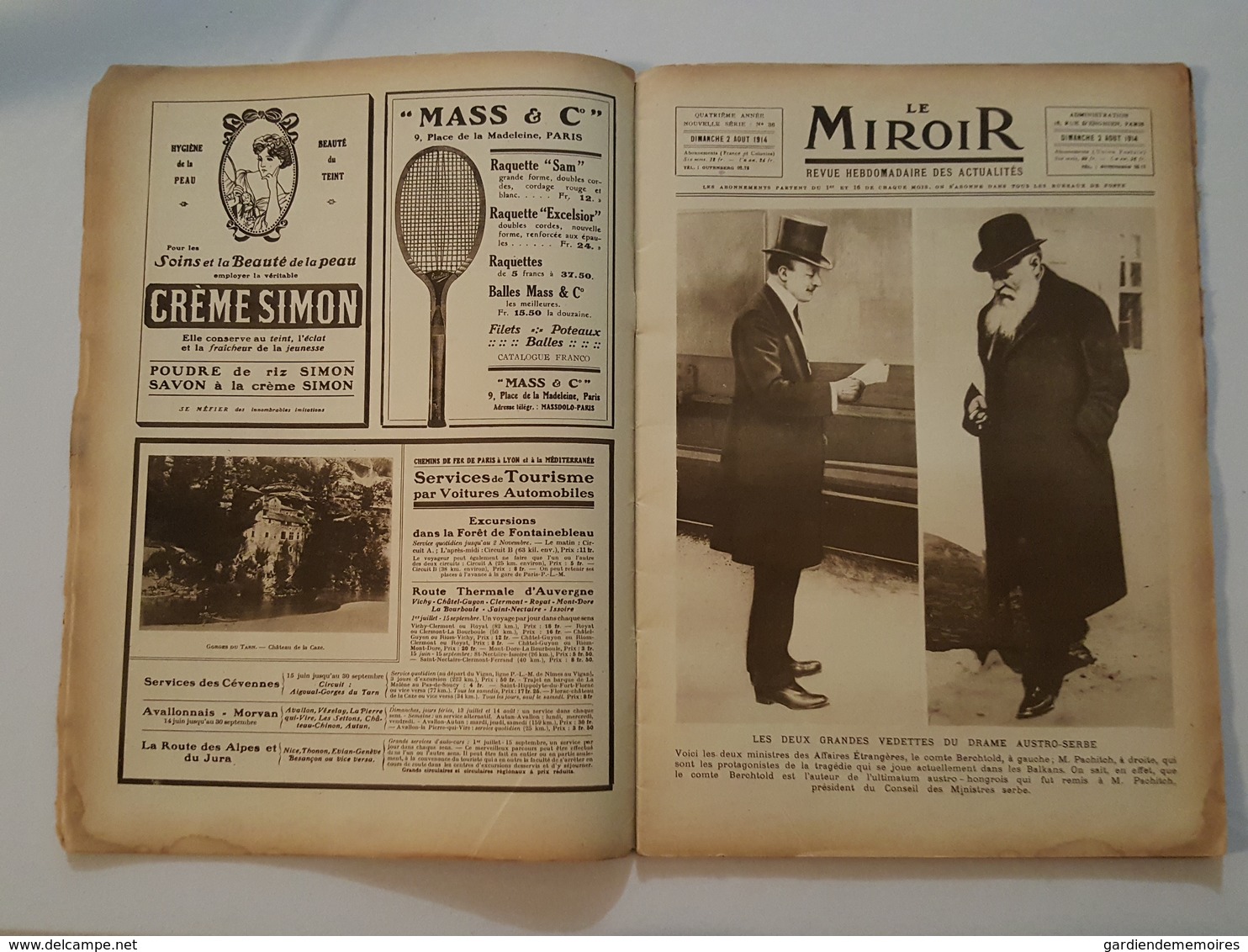 2 Aout 1914 - Revue Le Miroir, Pubs Vichy Célestins Verascope Richard Jumelles Strembel Tour De France Bicyclette Gallix - 1900 - 1949