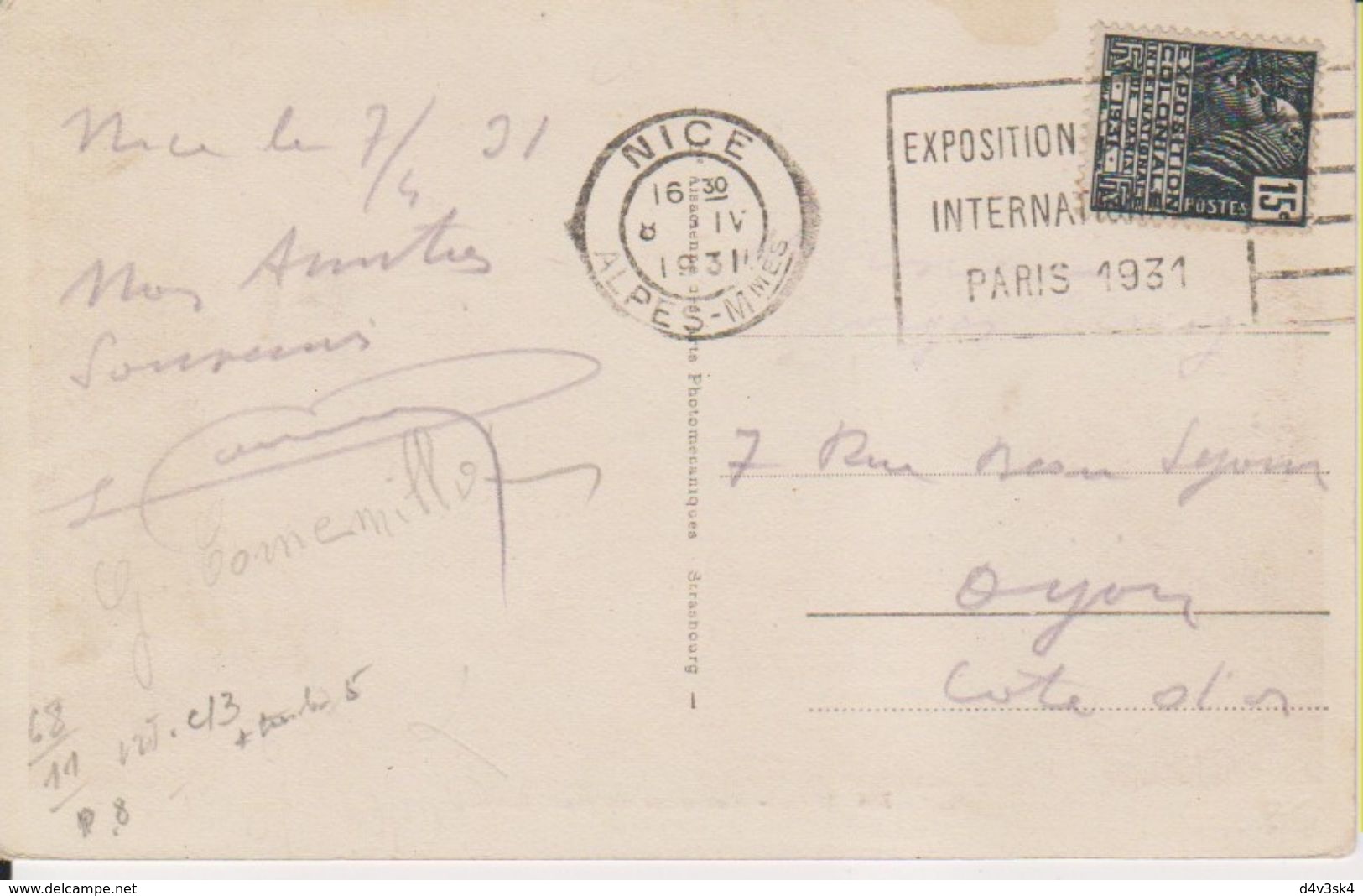 1931 France 06 Alpes Maritimes Nice Carte Postale Flamme 'Expo Coloniale Internationale Paris 1931' - Mechanical Postmarks (Advertisement)