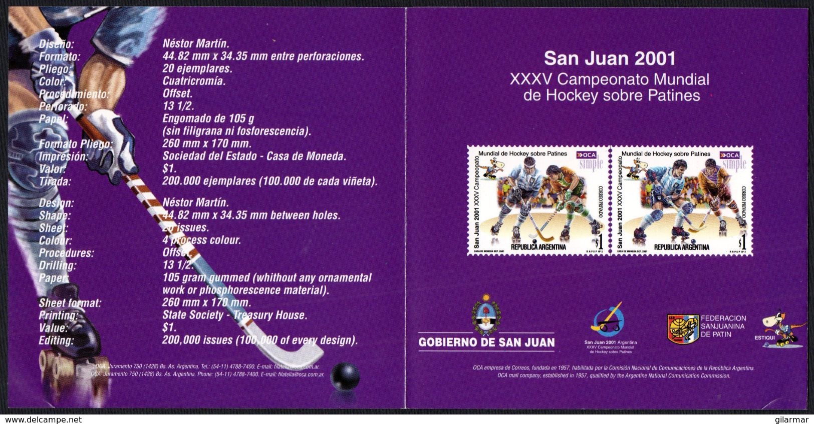 ARGENTINA - CORREO OCA 2001 - BOLETIN INFORMATIVO N° 21 - XXXV CAMPEONATO MUNDIAL DE HOCKEY SOBRE PATINES - Other & Unclassified