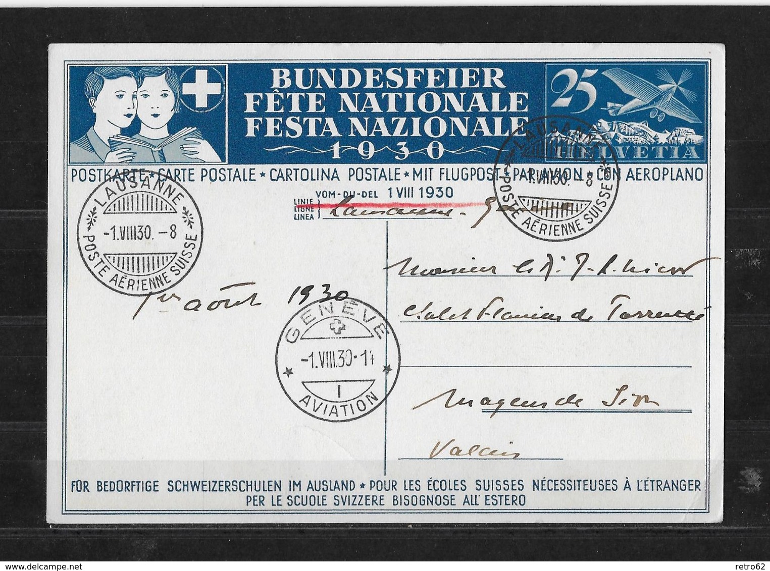 1930  BUNDESFEIER-POSTKARTE → Knabe Auf Schulbank ►SBK-51 I (Stempel 1.8)  Flugpostausgabe 25 Rp◄ - Ganzsachen