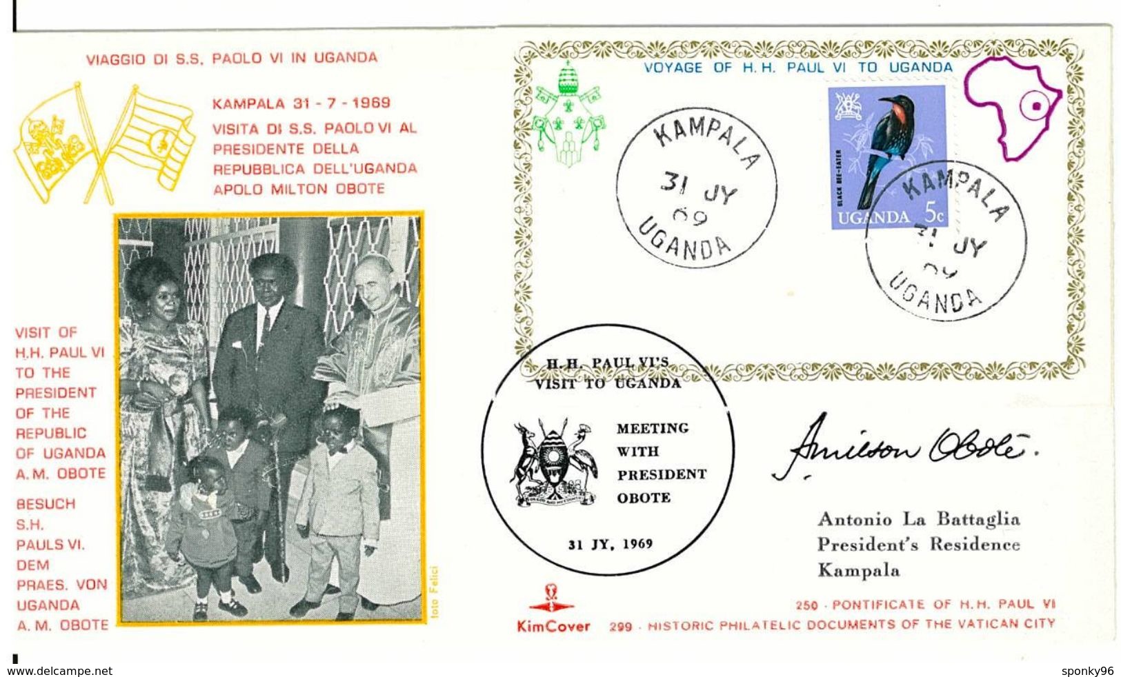 FDC - UGANDA - POSTE VATICANE - ANNO 1969 - KIMCOVER - KAMPALA - APOLO MILTON OBOTE - VISITA DI PAOLO VI - - Uganda (1962-...)