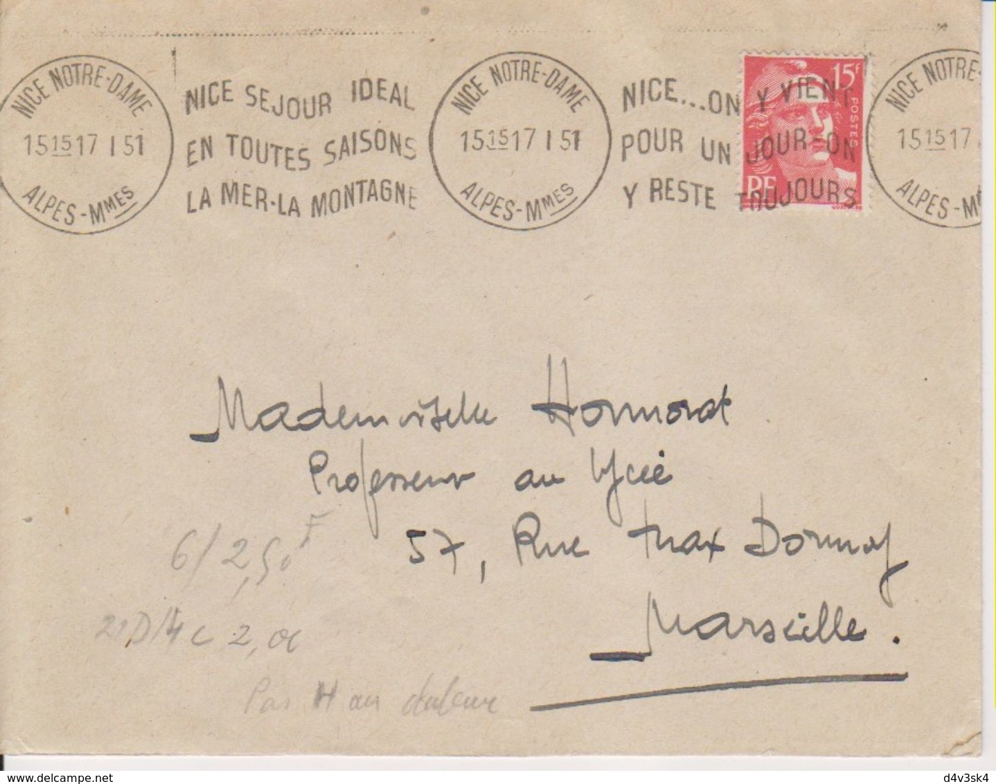 1951 France 06 Alpes Maritimes Nice - N. Dame Flamme 'Nice Sejour Ideal En Toutes Saisons La Mer-La Montagne' - Mechanical Postmarks (Advertisement)