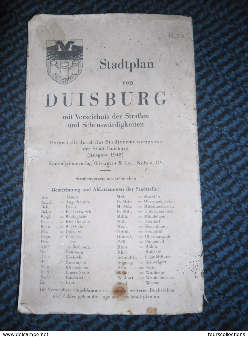 WW2 Allemagne 3° Reich STADTPLAN Von DUISBURG Mit Verzeichnis Der Straben Und Sehenswurdigkei - Plan De 1942 - Lettres & Documents