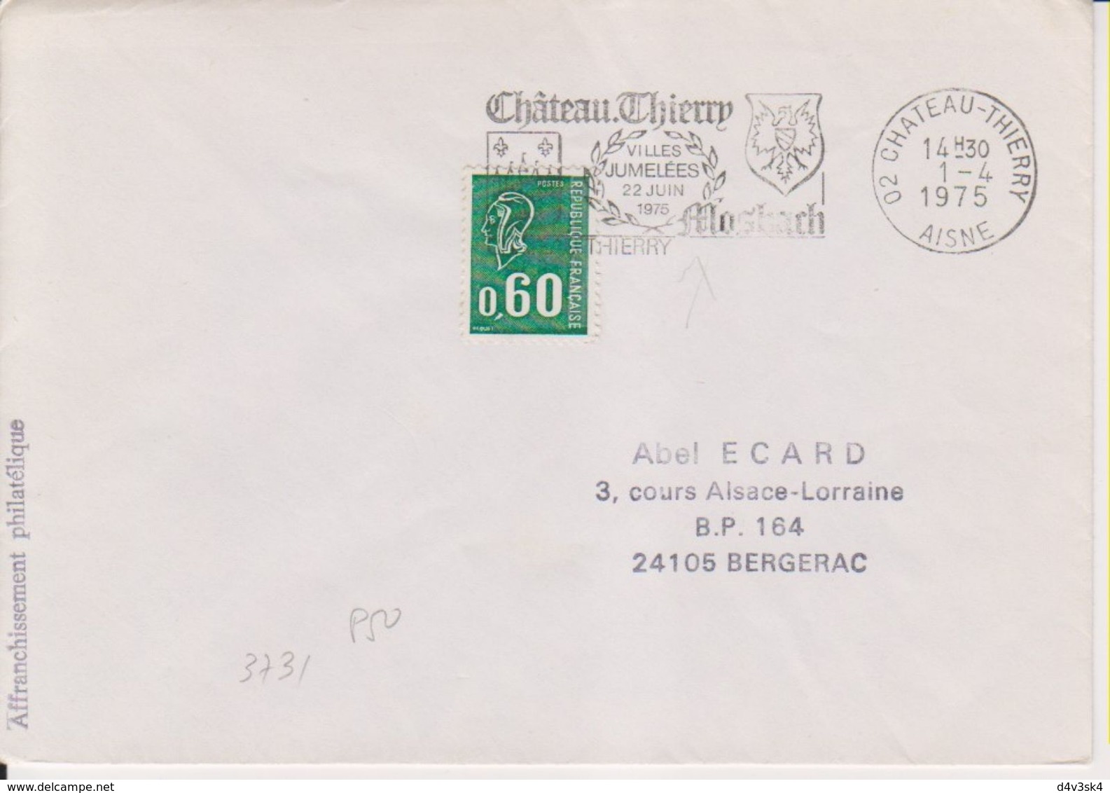 1975 France 02 Aisne Chateau-Thierry Flamme 'Villes Jumelees Mosbach' - Mechanical Postmarks (Advertisement)