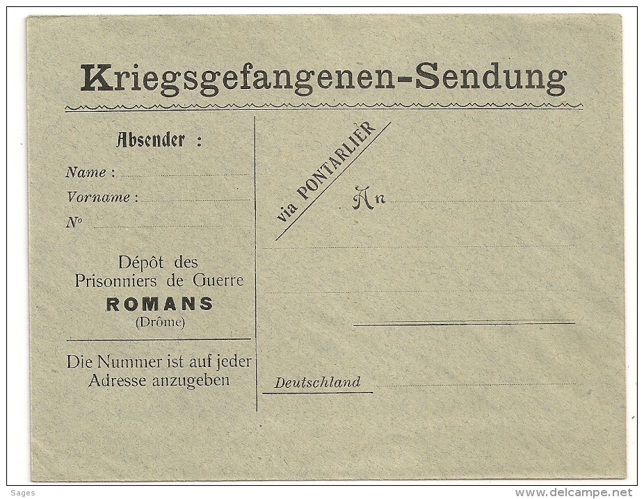 ROMANS Drome Enveloppe VERTE PRISONNIERS DE GUERRE ALLEMAND. - Lettres & Documents