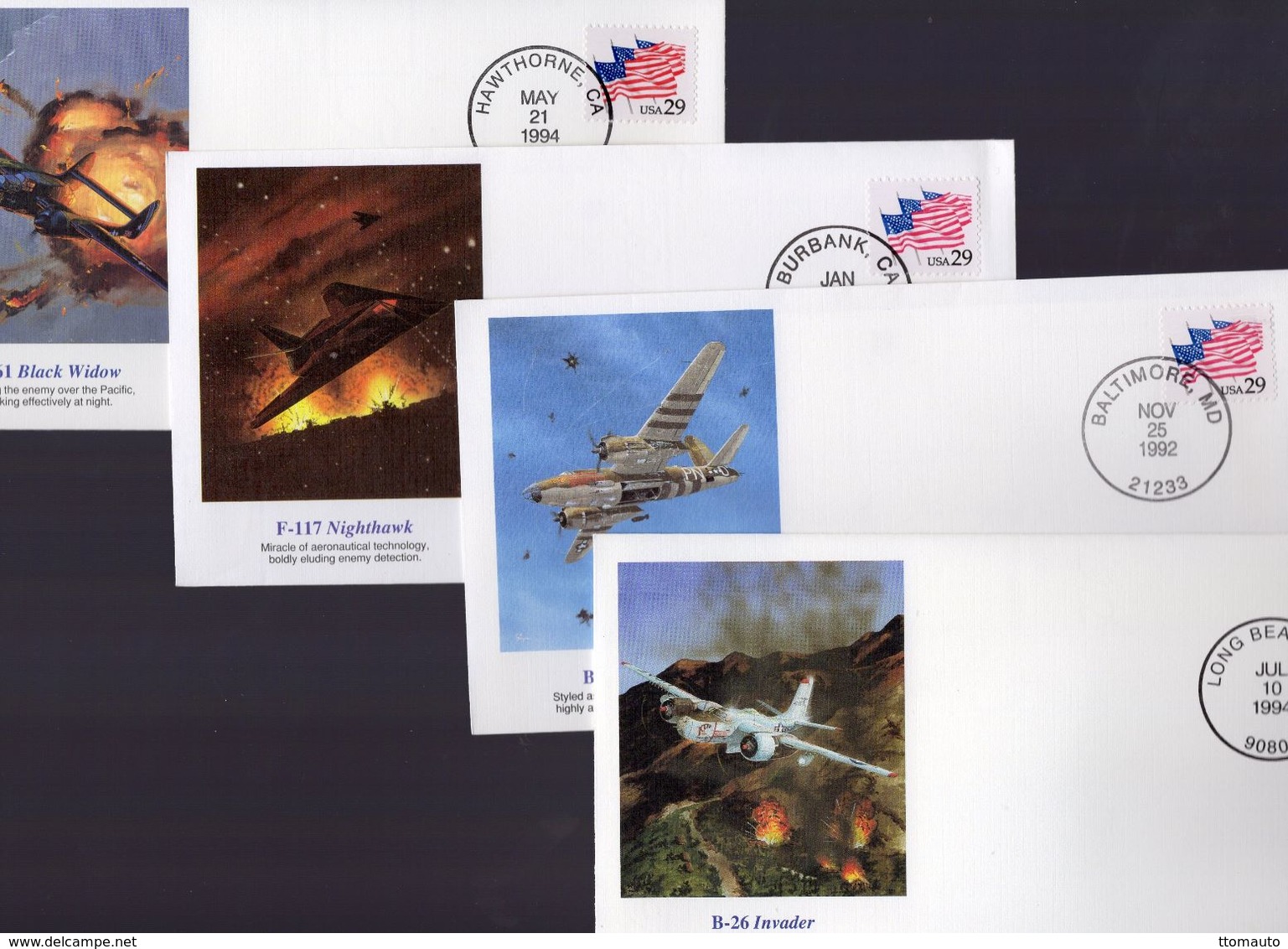 Lot Of 4 Airplane FDCs  -  1e Jour D'Emission  -  P-61 Black Widow-F-117 Nighthawk-B-26 Invader-B-26 Marauder - 4 X FDC - Aerei