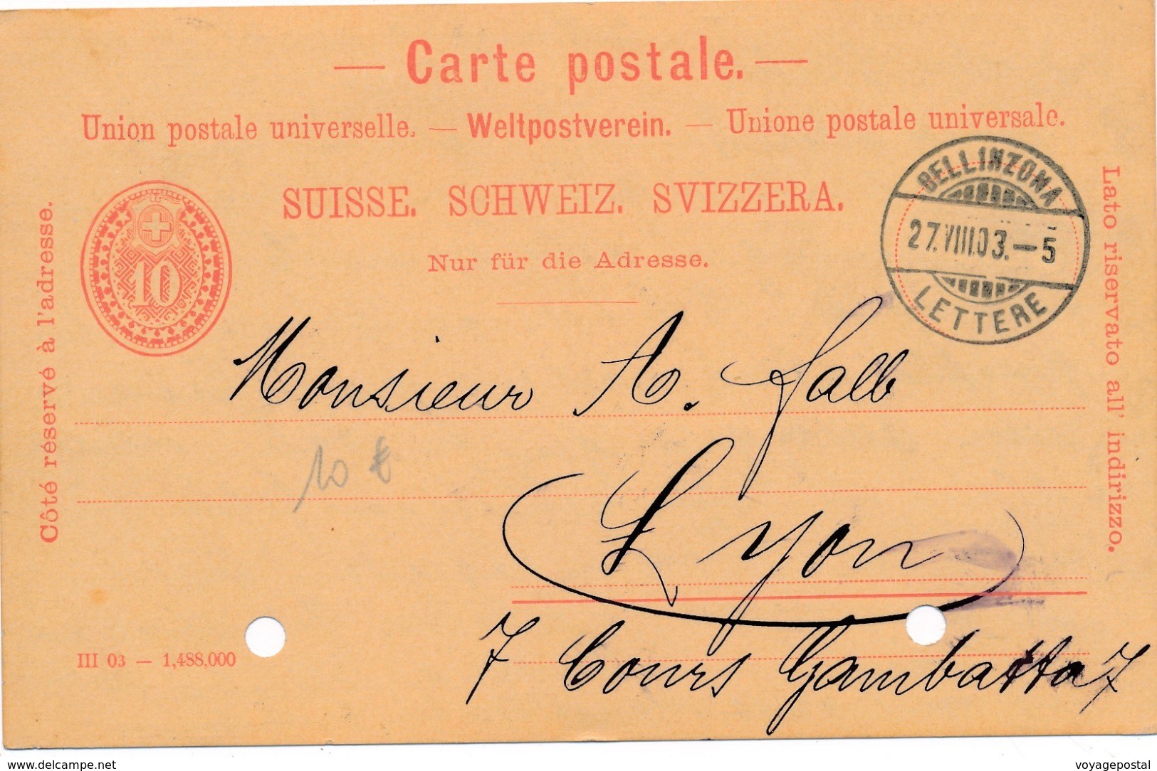 Entier Postal Bellinzona Pour La France - Interi Postali